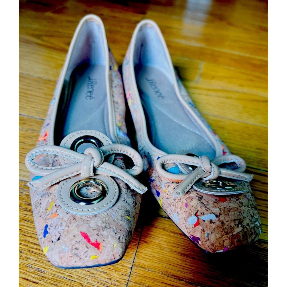 J Renee Cork Confetti Bow Flats Women’s Size 9M Square Toe Slip On Shoes